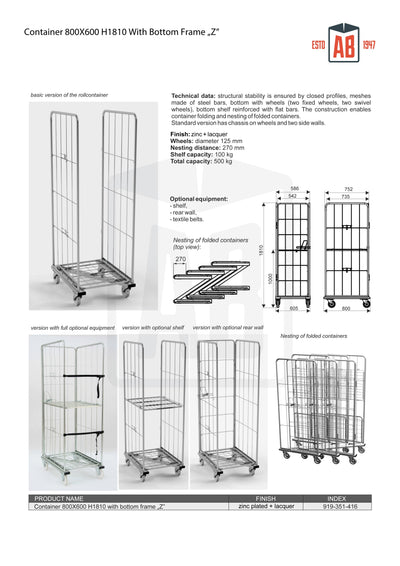 Container 800x600 H1810 mit unterem Z-Rahmen – Hoher Rollbehälter für stabile Lagerung