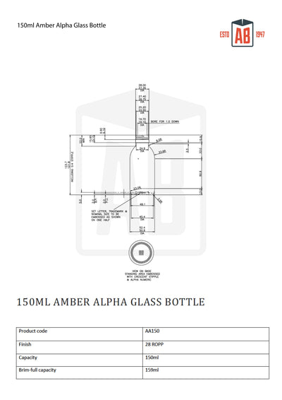 150 ml bernsteinfarbene Alpha-Glasflasche