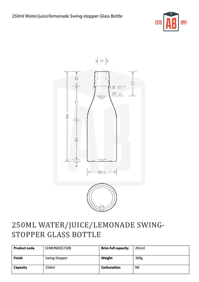 250 ml Wasser-/Saft-/Limonaden-Glasflasche mit Bügelverschluss