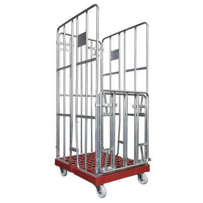 4-seitiger Rollbehälter – 810 x 680 x 1680 mm, feuerverzinkt, Klemmzäune, 500 kg Tragkraft