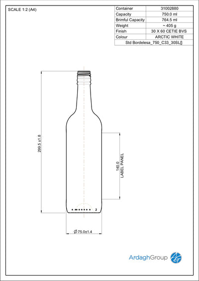 750ml Flint Glass Bordelesa Wine Bottle – 30mm Screw Top