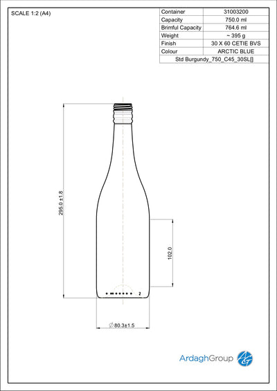 750ml Arctic Blue Burgundy Wine Bottle – 30mm Screw Top