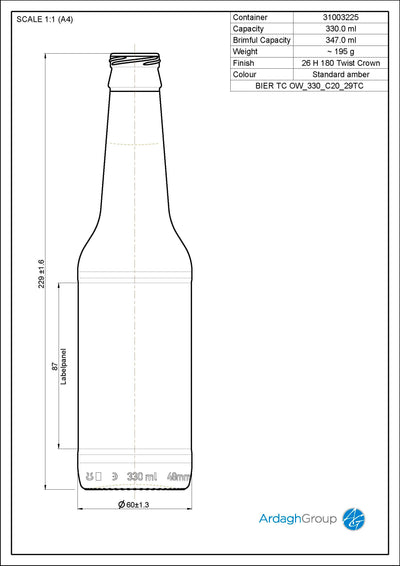 330ml Amber Glass Oneway Beer Bottle – 28mm Crown Finish