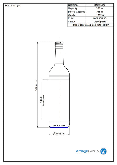 750ml Green Glass Bordeaux Wine Bottle – 30mm Screw Top