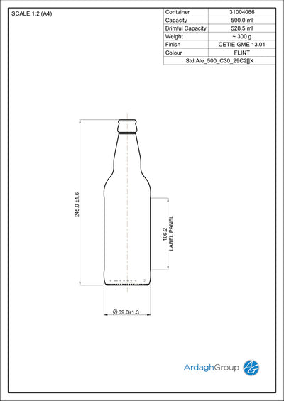 500ml Flint Glass Ale Beer Bottle – 29mm Crown Cork Finish