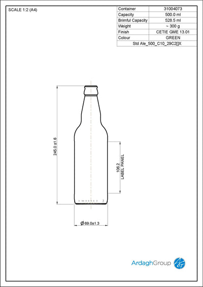 500ml Green Glass Ale Beer Bottle – 29mm Crown Cork Finish