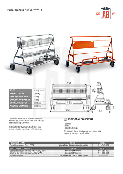 Carry WP4 Plate Trolley – With Basket and Shelf for Sheet Material Handling