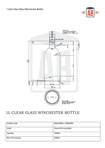 1 Litre Clear Glass Winchester Bottle