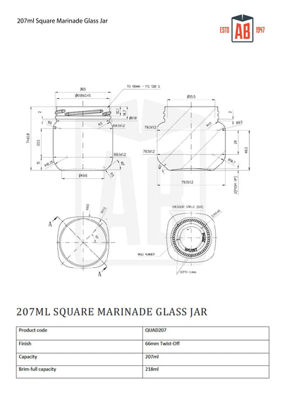 207ml Square Marinade Jar