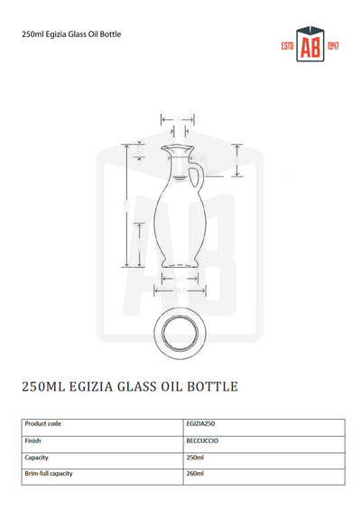 250ml Egizia Glass Oil Bottle (Cork Opening)