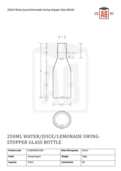 250ml Water/Juice/Lemonade Swing-Stopper Glass Bottle
