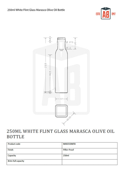 250ml White Flint Glass Marasca Olive Oil Bottle (Screw Neck)