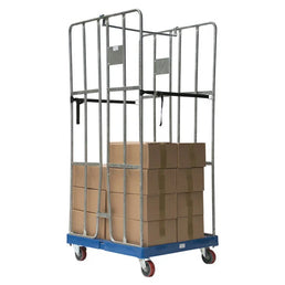 2-seitiger Rollbehälter – 810 x 720 x 1680 mm, feuerverzinkt mit Klemmtoren und Gurten