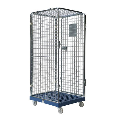 Diebstahlsicherer Rollbehälter – 810 x 720 x 1800 mm, zerlegbar mit Kunststoffboden und Stecktüren